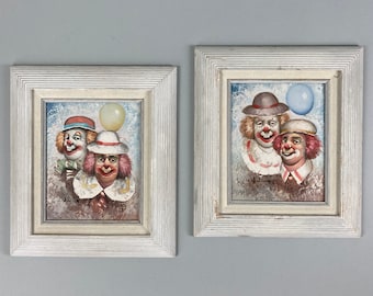 William Moninet Impressionist Pair Circus Clowns Original Oil Paintings on board Framed