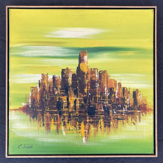 C. Roberts Signed Original Abstract Cityscape on Canvas Framed