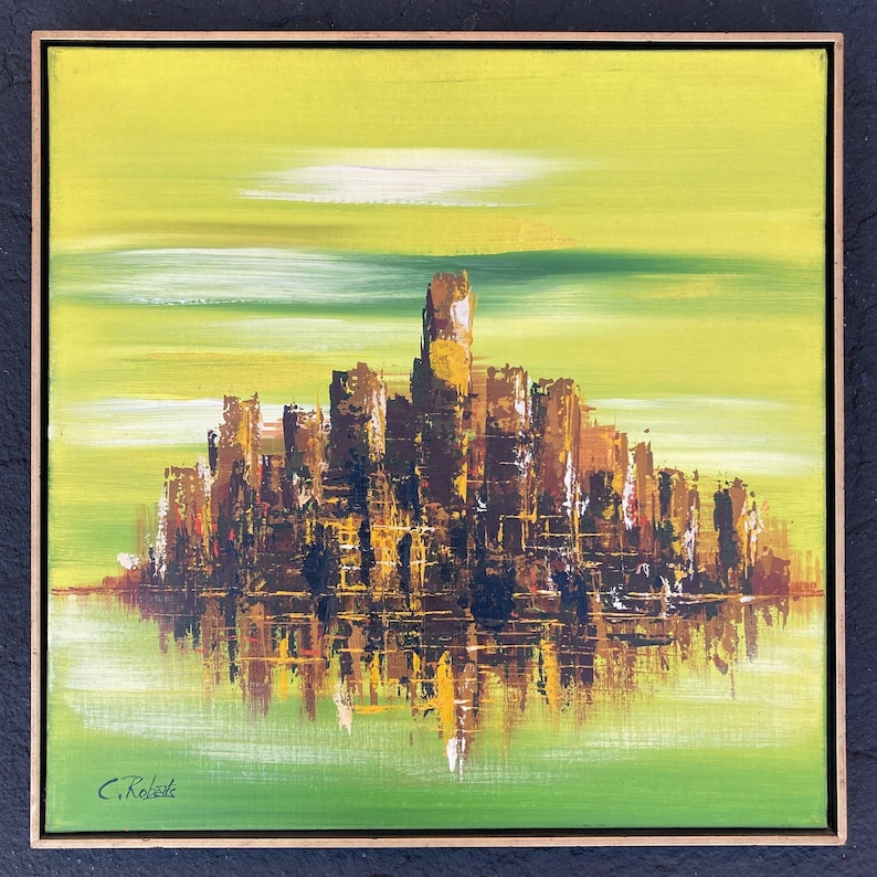 May include: A framed abstract painting depicting a city skyline in shades of brown, yellow, and green. The city is reflected in the water below. The painting is signed "C. Roberts" in the bottom left corner.