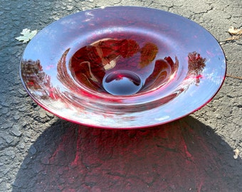 Blenko Glass 17" Centerpiece Bowl in Ruby Signed by Richard Blenko and Sand Etched Blenko 2005