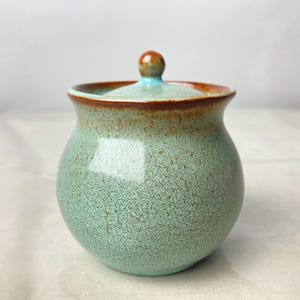 May include: A small, round ceramic jar with a lid. The jar is a speckled turquoise color with a brown rim and a small, round, brown knob on the lid. The jar has a glossy finish.