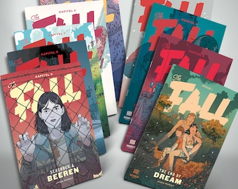 May include: A stack of nine comic books with colorful covers featuring the title "The Fall". The covers feature different illustrations and text, including "The End of Dream", "Kaptiel 9", "Scherben & Beeren", and "Issue 1".