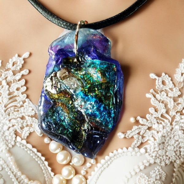 Unique Pendant Necklace Artistic Jewelry Dichroic Glass Natural Stone Look Gift Idea Free Shipping Night of Van Gogh Jewelry
