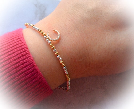 Crescent moon jewellery, thin bead bracelet, layering bracelet, moon jewelry, 18th birthday gift, skinny bead bracelet, adjustable bracelet,