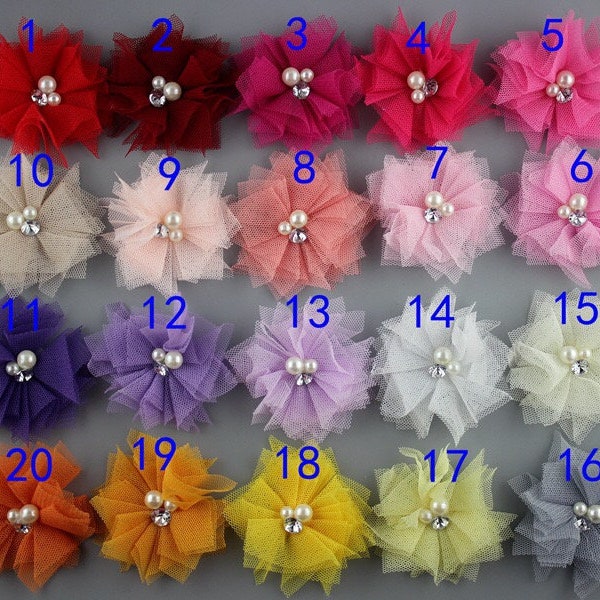 Mesh Flower With Pearl And Rhinestone Center,Tulle Mesh Flowers,Fabric Flowers,Hair Accessories