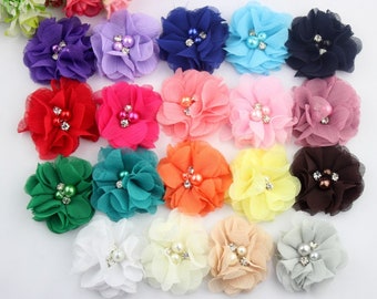 2&quot; Chiffon Flower+Rhinestones Pearl For Girls Hair Accessories Fabric Flowers For Headbands DIY Flower Supplies