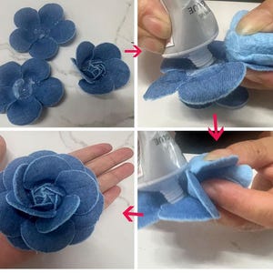 Puede incluir: Una gu&iacute;a paso a paso para crear flores de mezclilla. La imagen muestra el proceso de montaje de las flores, desde los p&eacute;talos individuales hasta el producto final. Las flores son de color azul medio y los p&eacute;talos son de mezclilla.