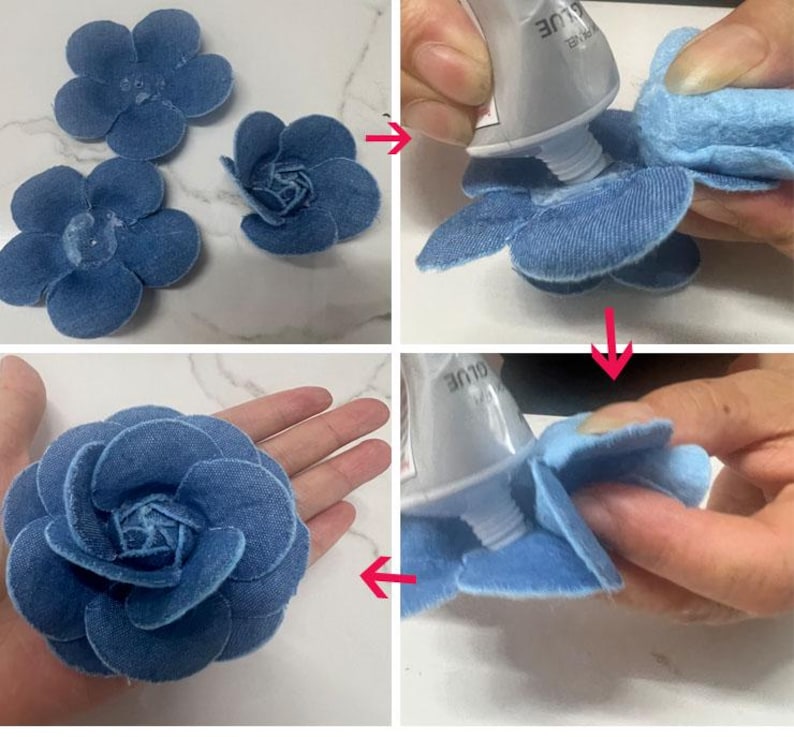 Puede incluir: Una gu&iacute;a paso a paso para crear flores de mezclilla. La imagen muestra el proceso de montaje de las flores, desde los p&eacute;talos individuales hasta el producto final. Las flores son de color azul medio y los p&eacute;talos son de mezclilla.