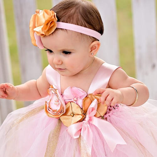 Pink Gold Tutu Dress Pink Gold Satin Flower for Baby Etsy