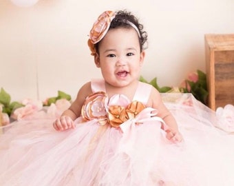 Gorgeous Pink Gold Tutu Dress Pink Gold Satin Flower for Baby Girl 6-18 Months old First Birthday Cake Smash