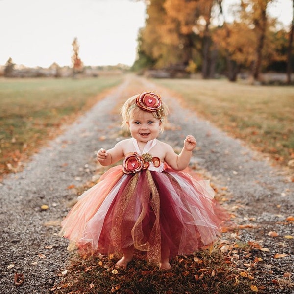 Gorgeous Maroon, Blush, Gold Tutu Dress Satin Shabby Chic Flower Tutu Dress for Baby Girl 6-18 Months old First Birthday