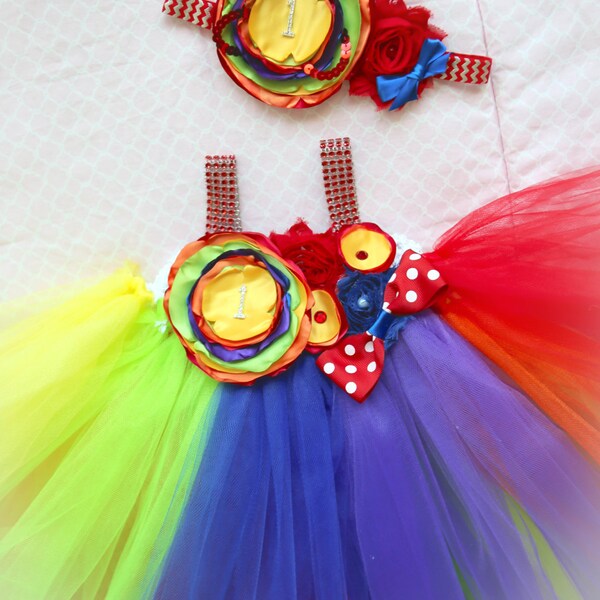 Beautiful Circus Clown Rainbow Tutu Dress for Baby Girl 6-18 Months Carnival First Birthday First Halloween