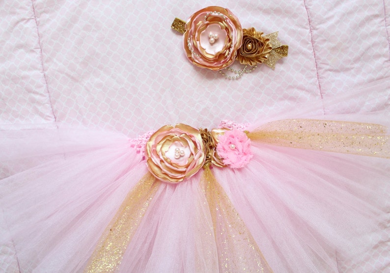 Beautiful Pink Gold Tutu Skirt Satin Flower Headband and Etsy
