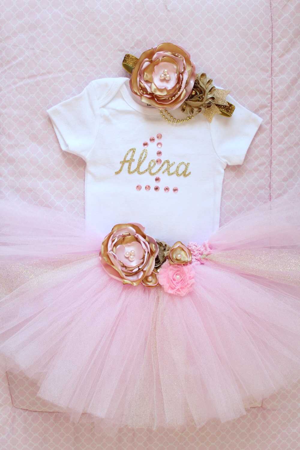 Beautiful Pink Gold Tutu Skirt Satin Flower Headband and Etsy