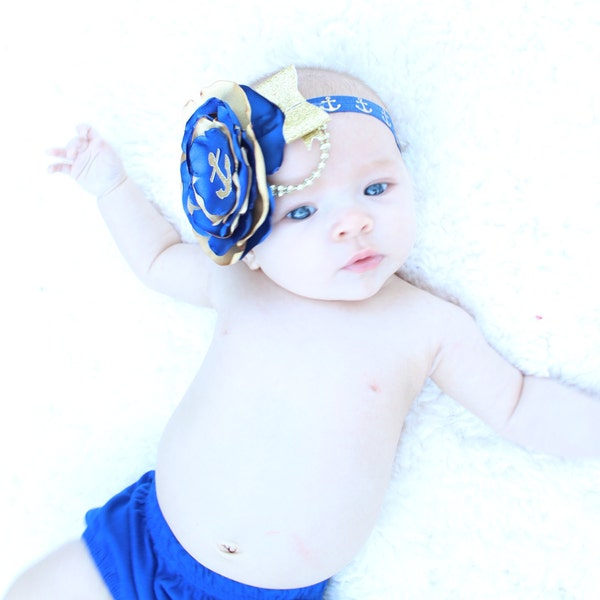 Adorable Navy and Gold Anchor Satin Flower Couture Headband Baby Girl 0-18 Months Old First Birthday Nautical