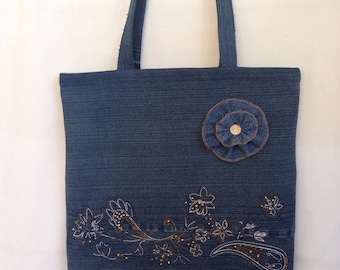 Upcycled Denim Tote Bag with Denim Flower and Crystal Bling