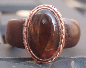 Fire Agate Cabochon Black Walnut Spalted Tamarind wood ring size 9 Wooden ring Wood stone ring Unique handmade ring OOAK Fire Agate ring