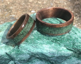 Walnut Wood Ring with Green Fuchsite Mica Inlay
