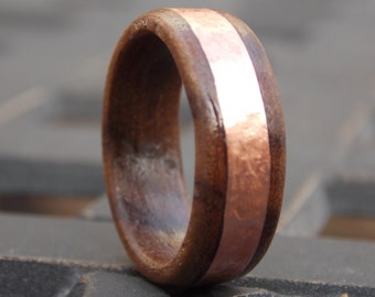 Walnut Wood Ring with Hammered Copper Inlay: 5th Anniversary