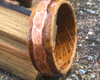 Whiskey barrel head wood ring and solid  hammered distressed copper ring size 13