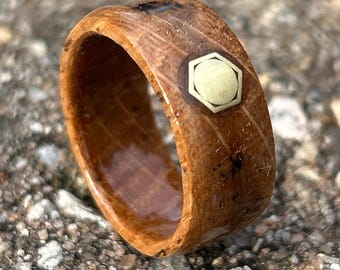 Whiskey Barrel Wood Ring: Charred White Oak, Rustic Band, Hexagon Brass inlay