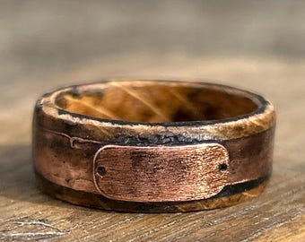 Whiskey Barrel Wood Ring: Charred Oak & Copper Anniversary Band