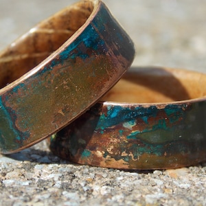 Whiskey Barrel Wood Ring: Rustic Patina Copper Band Ring
