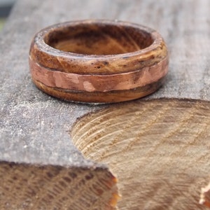 Men's or Woman's Whiskey Barrel Staves Charred Oak Wood Ring Copper and ...