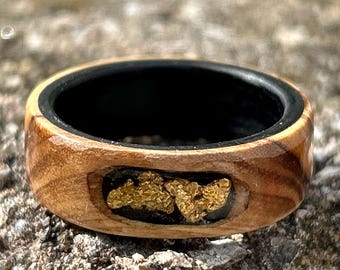 Olive Wood Ring: Ebony Lined, Natural Gold Nuggets (Size 10)