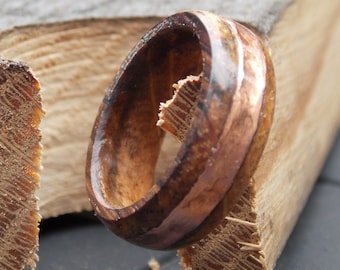 Men's or Woman's Whiskey barrel staves Charred Oak Wood ring Copper and wood ring Made to Order Unique Anniversary ring wood copper ring