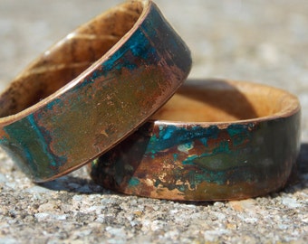 Whiskey Barrel Wood Ring: Rustic Patina Copper Band Ring