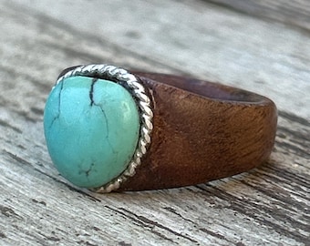 Turquoise cabochon Walnut Wood Ring: Natural Gemstone Jewelry size 11