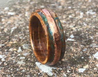 Whiskey barrel head wood ring and solid  hammered distressed copper ring size 10 1/2