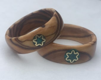 Olive Wood Ring: Bethlehem Holy Land, Star of David & Eilat Stone