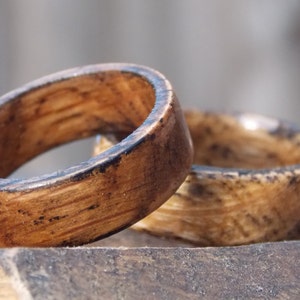 Genuine Whiskey Barrel staves White Oak charred wood ring custom size width ring rustic wood ring distressed looking ring Recycled wood