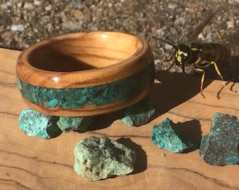 Double Olive Wood Ring with Eilat Stone Inlay - Bethlehem Holy Land ring