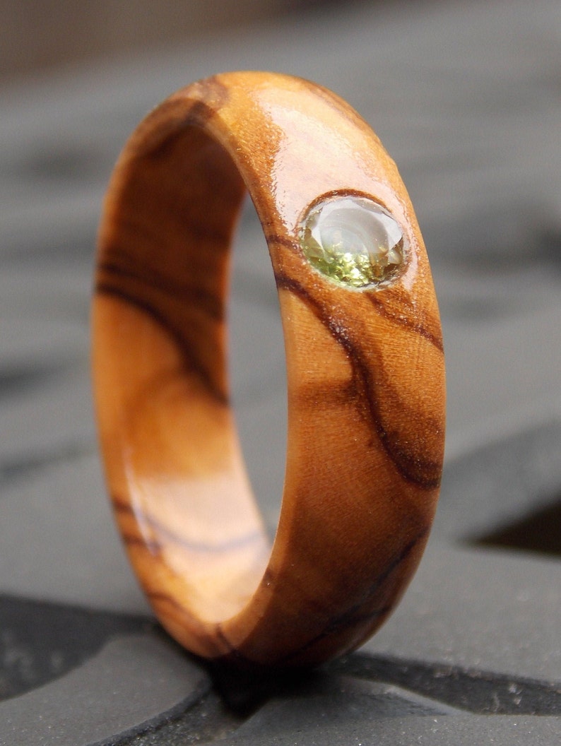 Bethlehem Israel Olive wood ring with Peridot Holy Land olive wood ring sacred wood ring Men Olive wood ring Woman olive wood ring any size