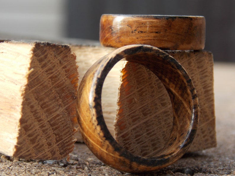 Genuine Whiskey Barrel staves White Oak charred wood ring custom size width ring rustic wood ring distressed looking ring Recycled wood