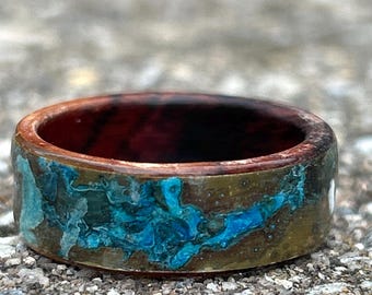 Handcrafted Koa Wood Ring: Patina aged oxidation brass ring