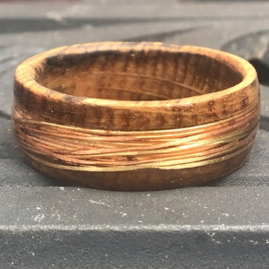 Whiskey Barrel Wood Ring: Copper & Brass Inlay, Anniversary Band