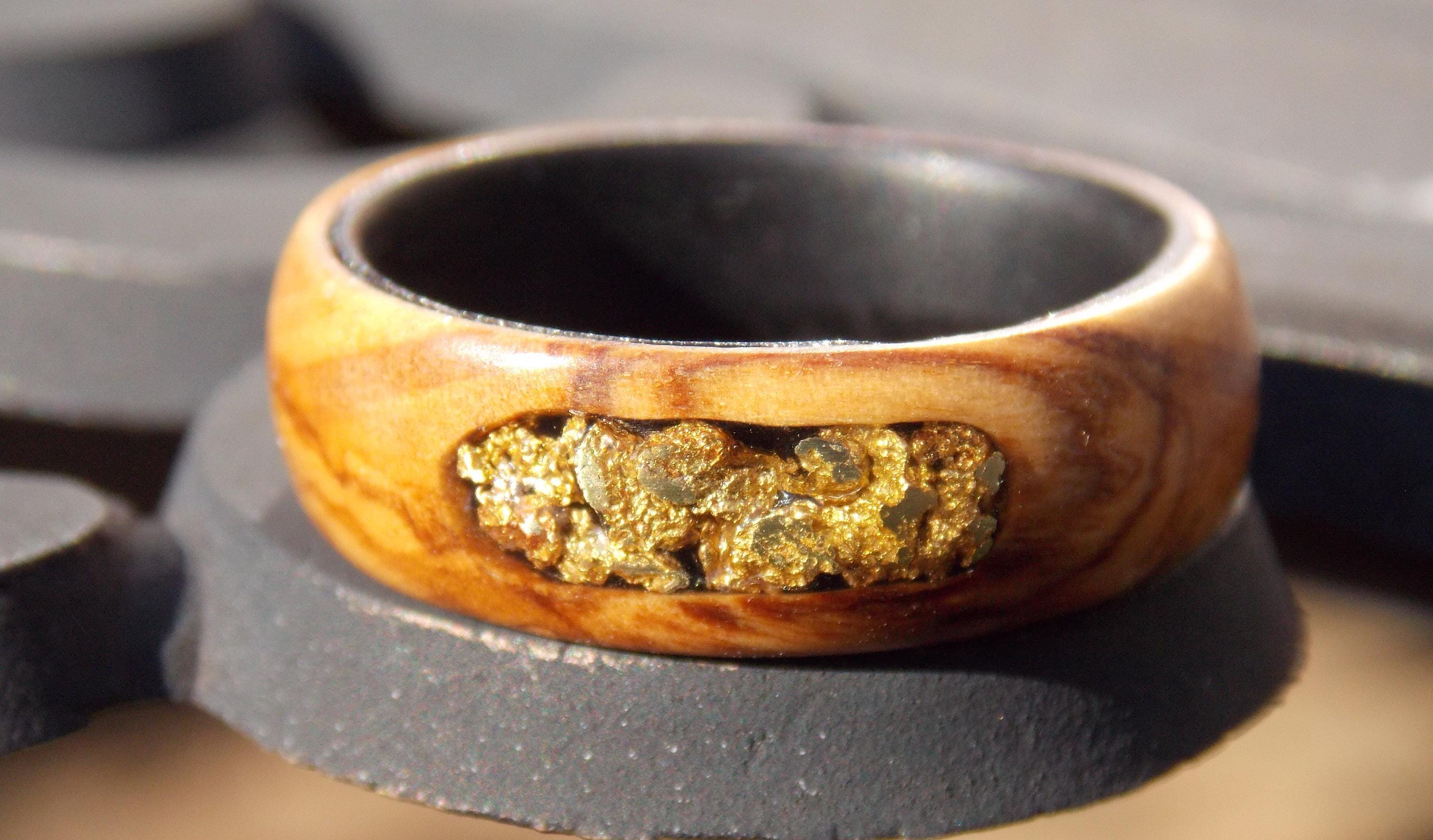 Bethlehem Olivewood and Ebony ring with natural real gold nuggets inlay ring