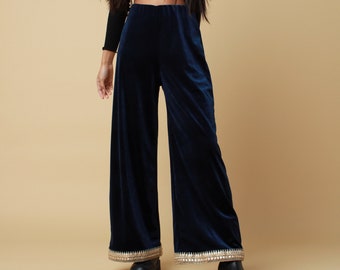 Blue Velvet Trim Trousers