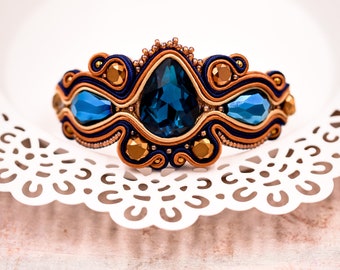 Handcrafted Bronze Blue Crystal Soutache Bracelet ∙ Unique and Stylish Art ∙ by nikuske