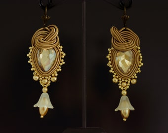 Luxurious Golden Beaded Summer Soutache Earrings ∙ Gift for Her ∙ Handmade Art ∙ by nikuske