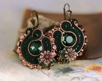 Green and Rose Gold Beaded Soutache Earrings ∙ Soutache Jewelry ∙ For Her ∙ Handmade Art ∙ by nikuske