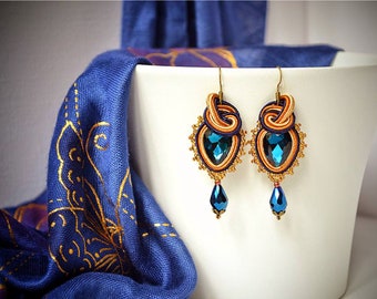 True Original ∙ Blue-Gold Beaded Soutache Teardrop Earrings ∙ For Her ∙ Handmade Art ∙ by nikuske