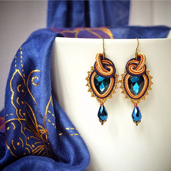 True Original ∙ Blue-Gold Beaded Soutache Teardrop Earrings ∙ For Her ∙ Handmade Art ∙ by nikuske