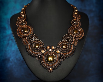 Soutache Statement Necklace ∙ Elegant ∙ Black and Brown ∙ Perfect Gift for Her ∙ Handmade Art ∙ by nikuske