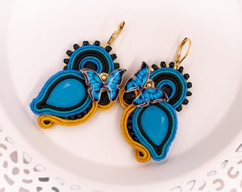 Blue-Yellow Soutache Butterfly Earrings ∙ Delicate Accessory ∙ Perfect Gift for Her ∙ Handmade Art ∙ by nikuske