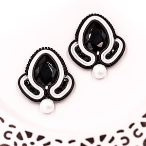 Petite Soutache Stud Earrings ∙ Monochrome Charm in Black and White ∙ Handmade Art ∙ by nikuske